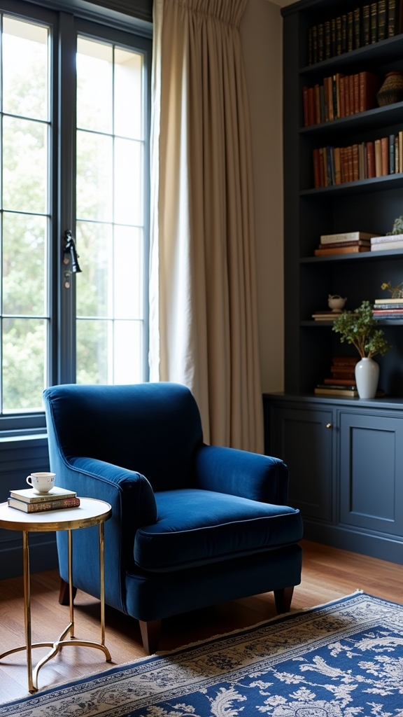 cozy navy blue reading nook