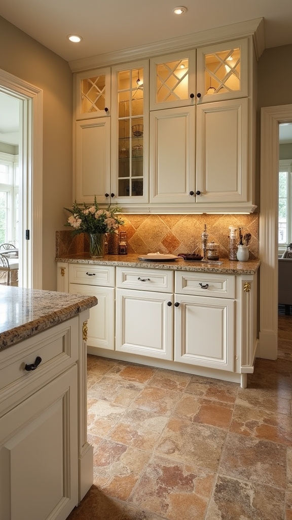 cream cabinets earthy granite