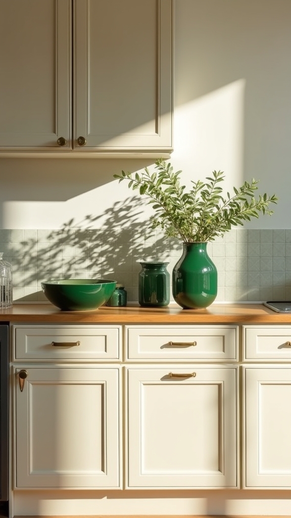 cream cabinets forest green accents