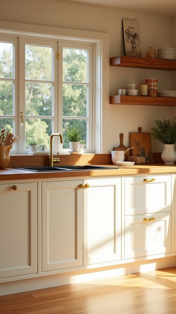 cream cabinets warm wood