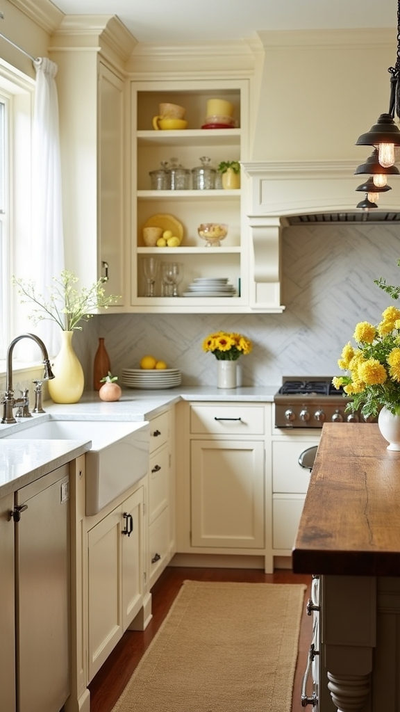 cream cabinets yellow accents