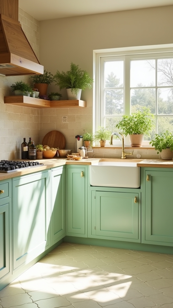 cream tiles green accents