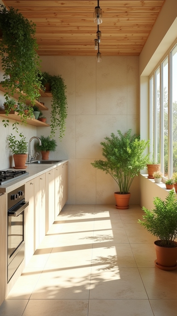 cream tiles vibrant greenery