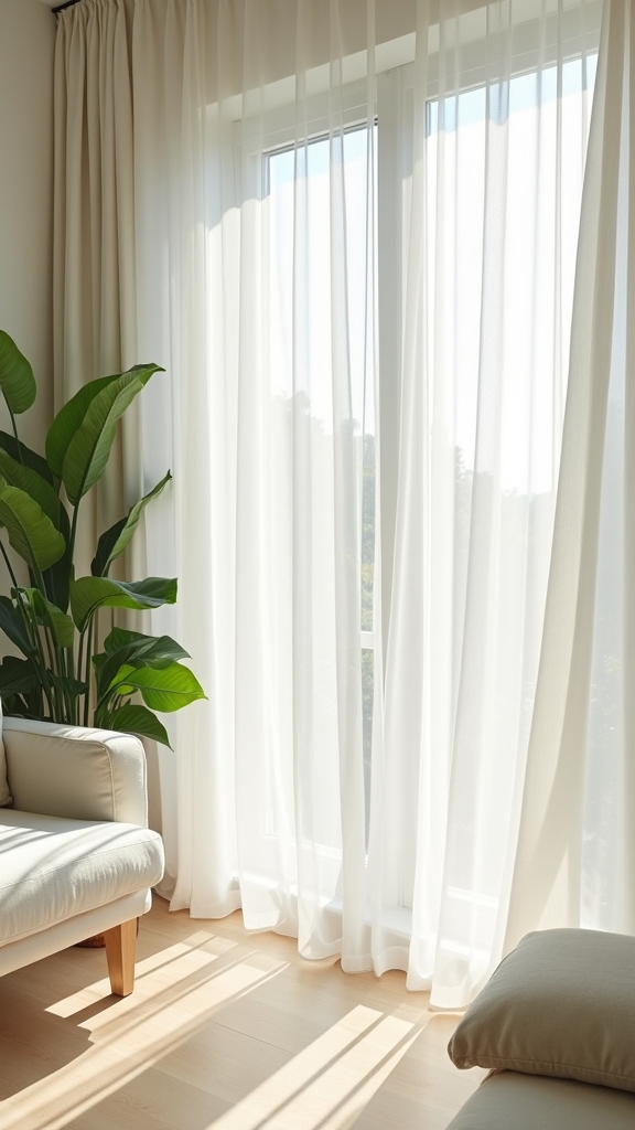 crisp white curtains enhance minimalism