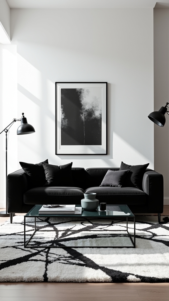dramatic monochrome living room