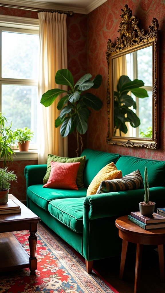 eclectic green sofa styling