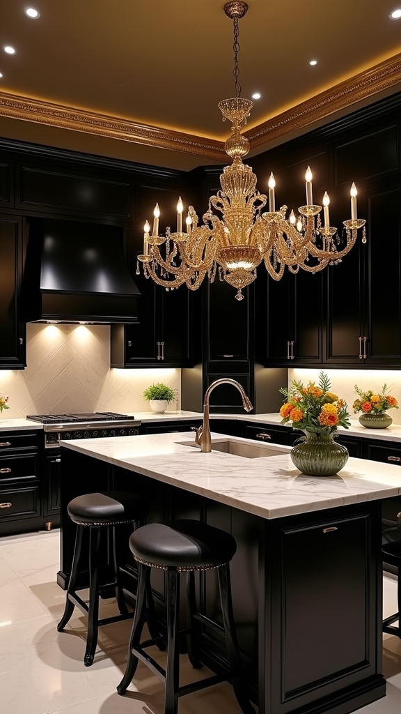 elegant black and gold chandeliers