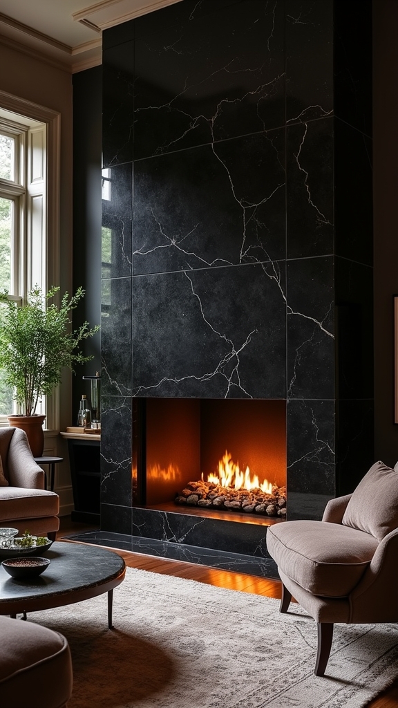 elegant black granite fireplace