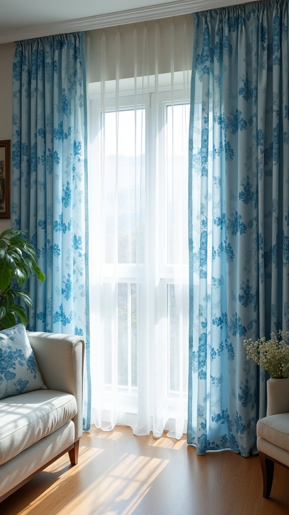 floral blue curtains enhance decor