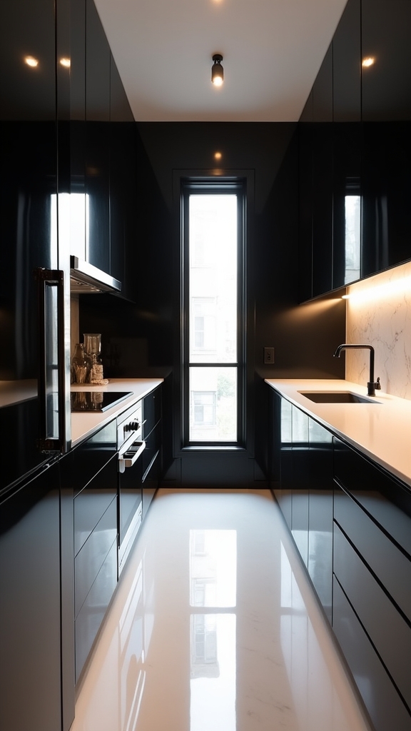 glossy black cabinets enhance depth