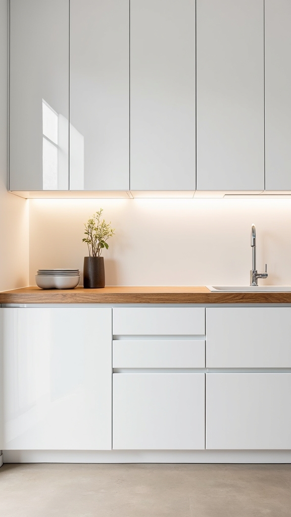 glossy cabinets warm wood