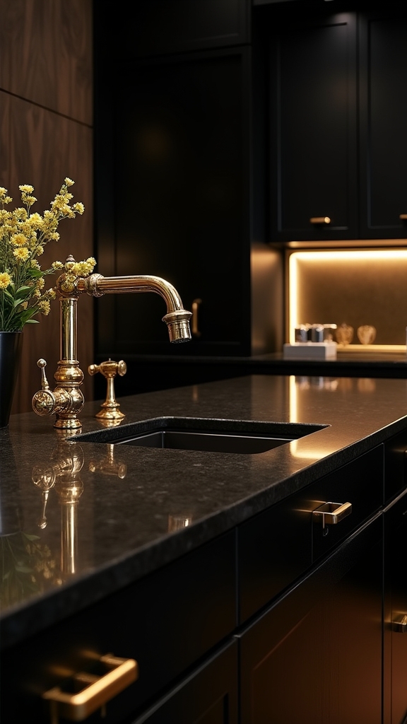 gold accents black countertops