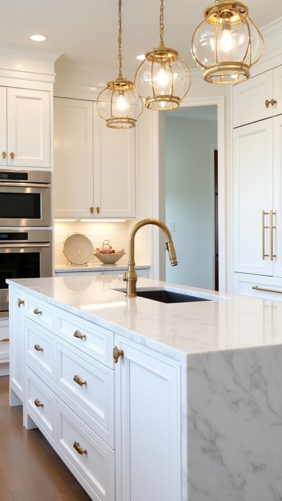 gold fixtures enhance white kitchens