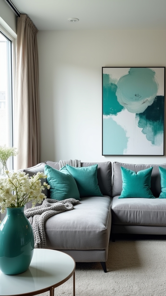 gray sectional with teal accents