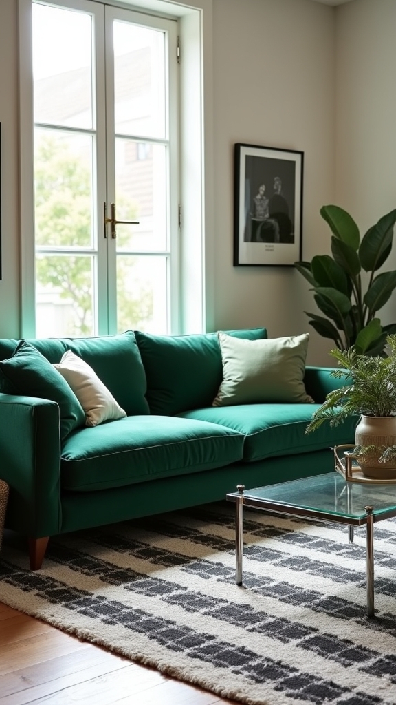 green sofa checkered rug