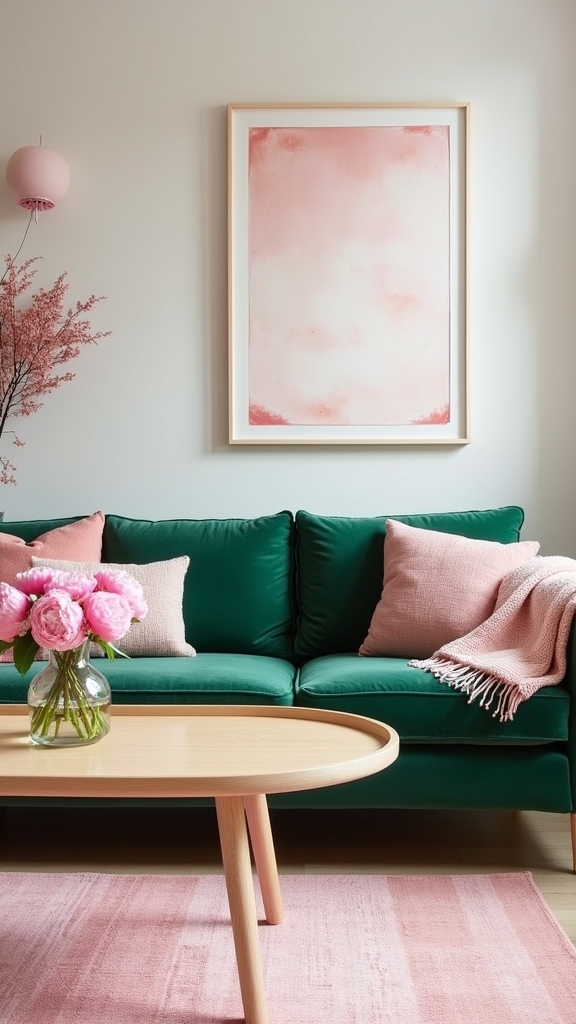 green sofa soft pink accents