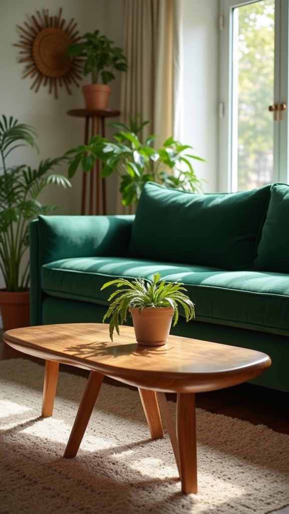 green sofas wooden tables