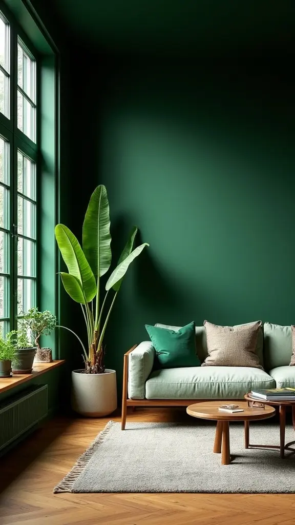 green walls wood tones