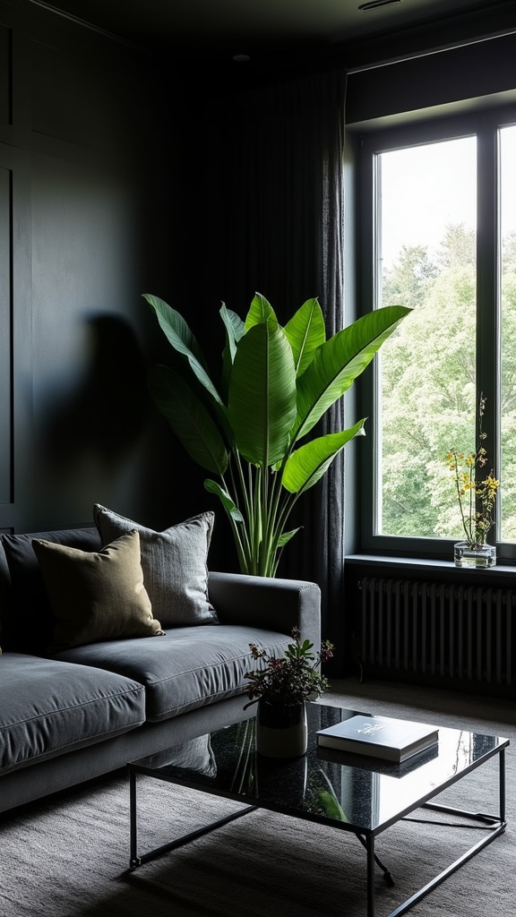 greenery enhances moody interiors