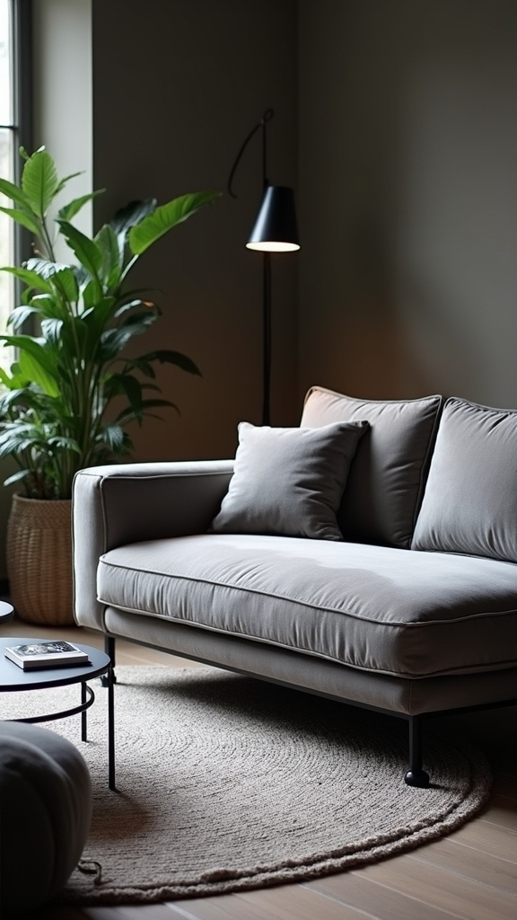 grey couch softens black elements