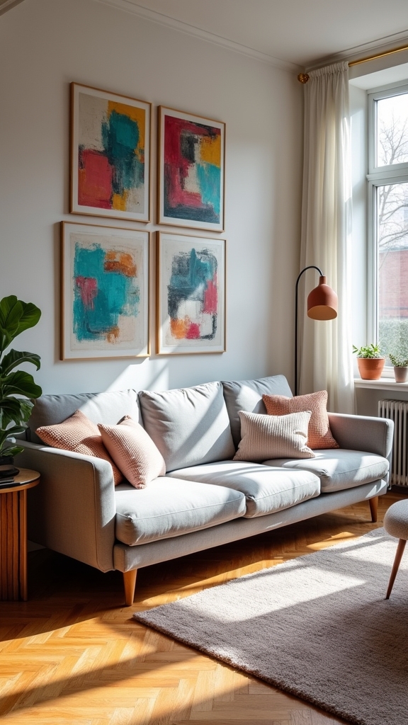 grey couch vibrant gallery wall