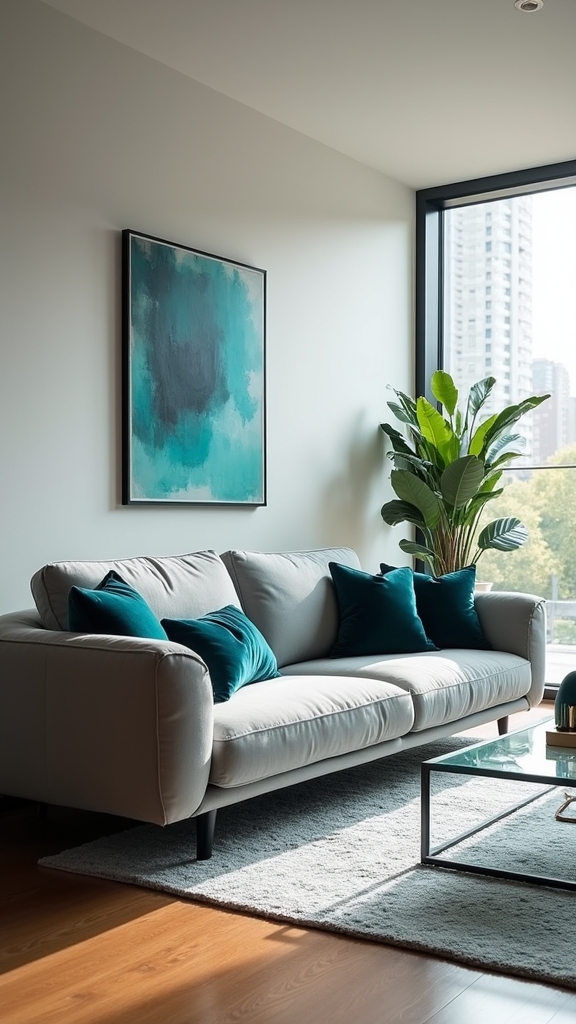 grey sofa teal accents