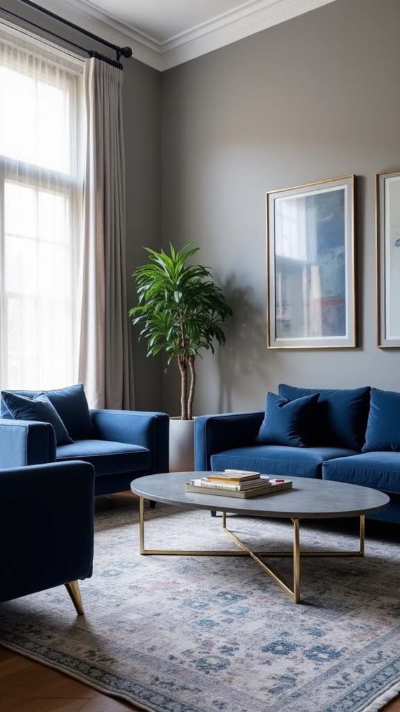 grey walls blue furniture