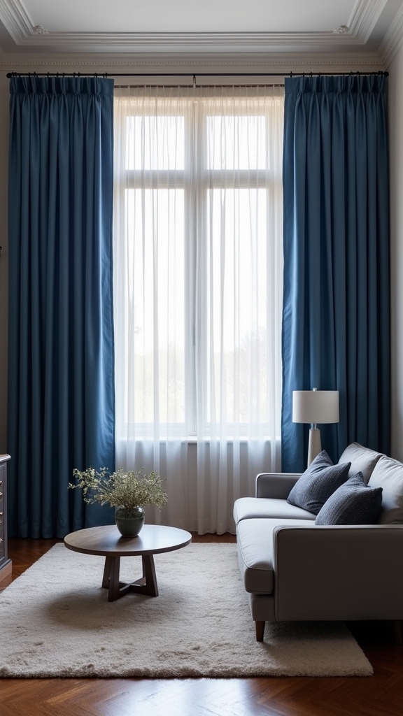 layered blue and neutral curtains