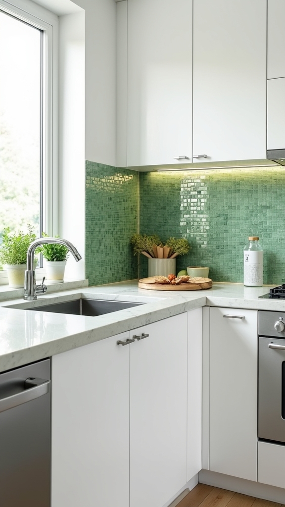 minimalist green tile backsplash
