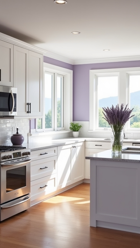 muted lavender enhances white kitchen