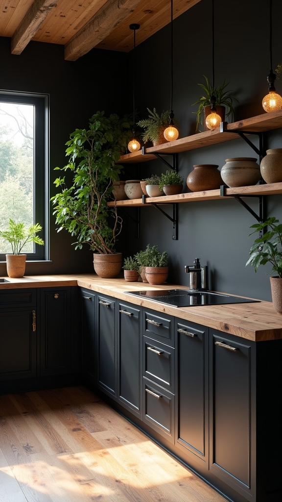 natural elements enhance black cabinets