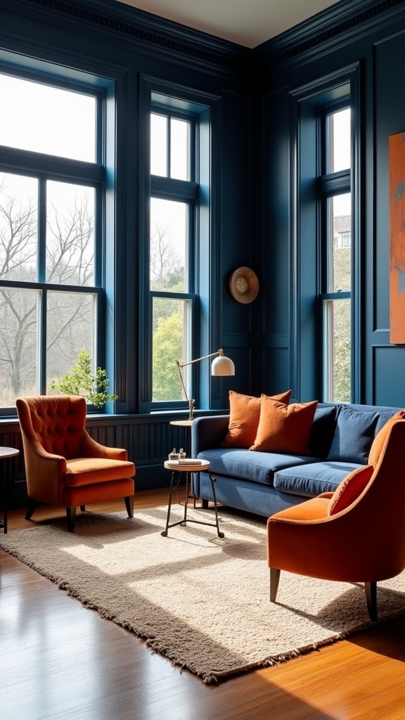 navy blue with rust accents