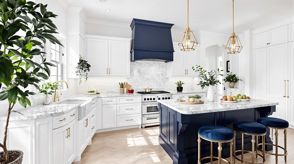 navy island enhances white kitchen