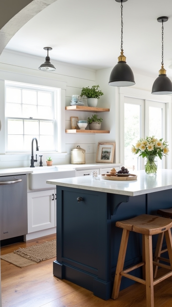navy island with rustic accents