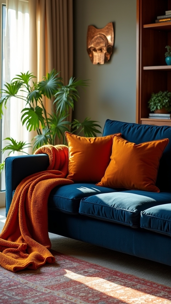navy sofa burnt orange cushions