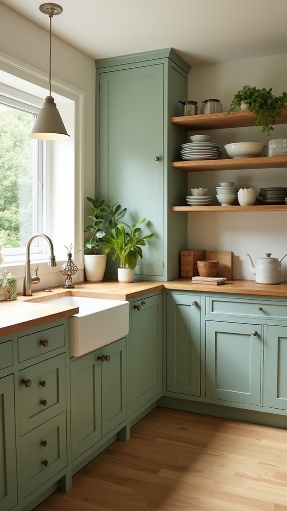 open shelving sage green