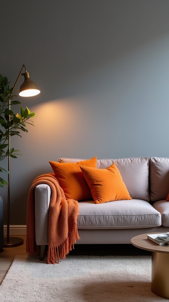 orange accents enhance grey warmth