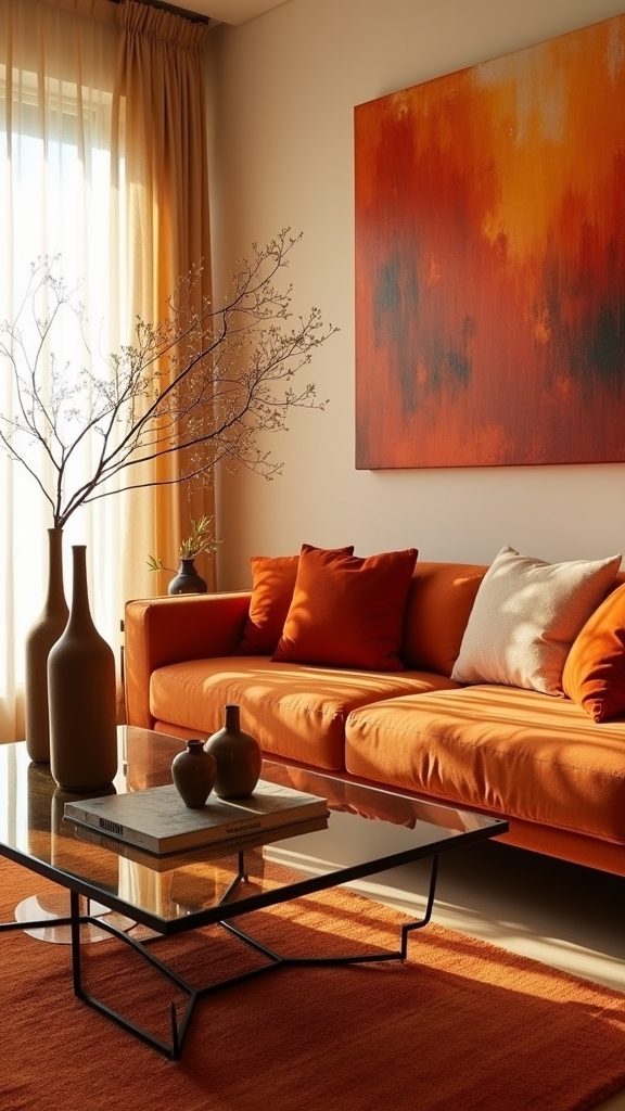 orange art enhances living room