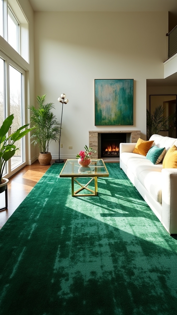 oversized green rugs anchor spaces