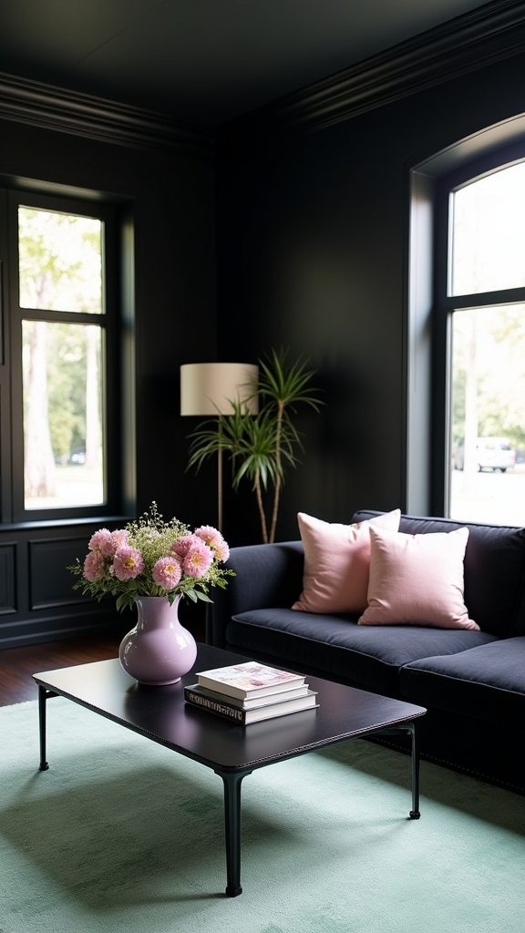 pastel accents soften black interiors