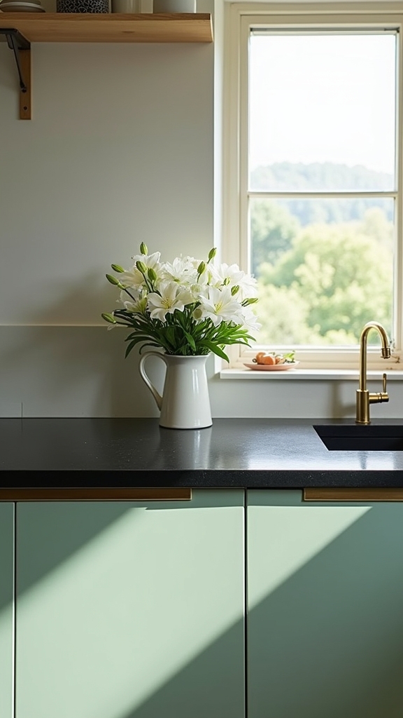 pastel cabinets and black countertops