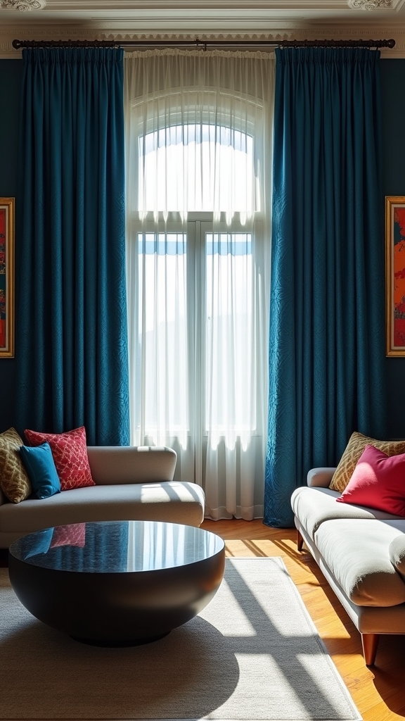 patterned blue curtain aesthetics