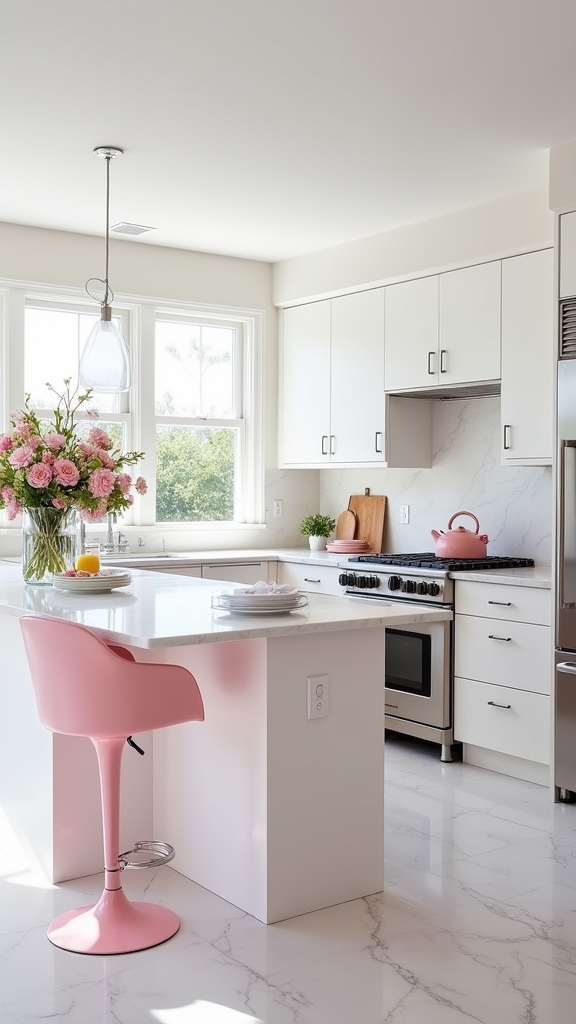 pink accents enhance white kitchen