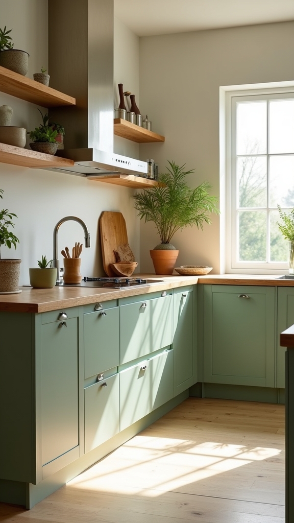 sage green and natural wood