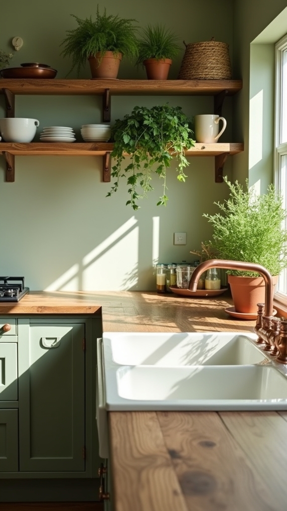 sage green and wood