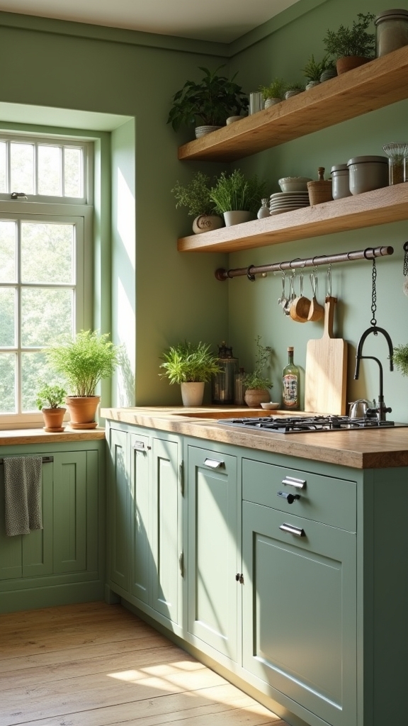 sage green and wood