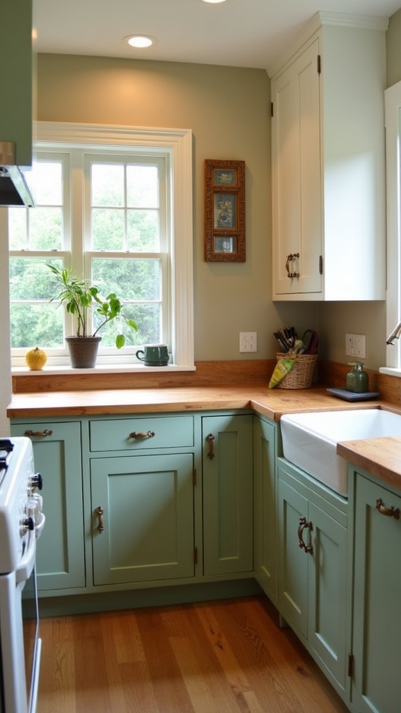 sage green cabinets butcher block