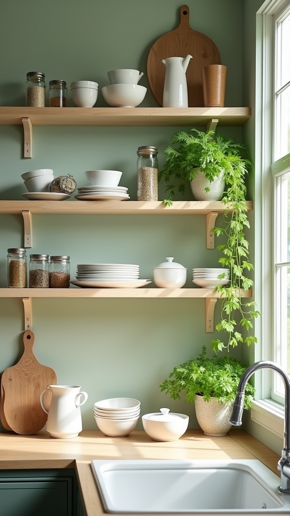 sage green open shelving