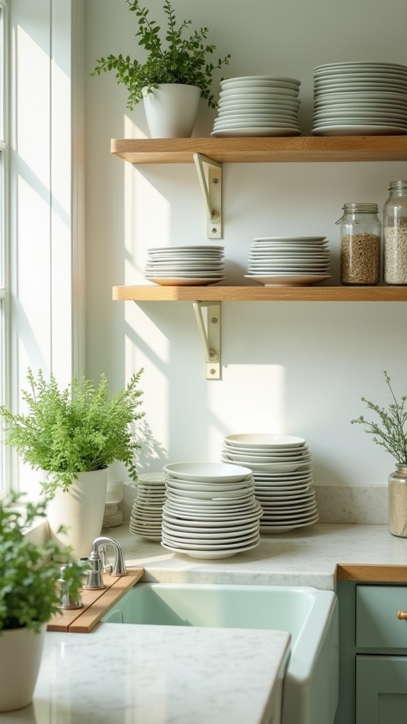 sage green open shelving