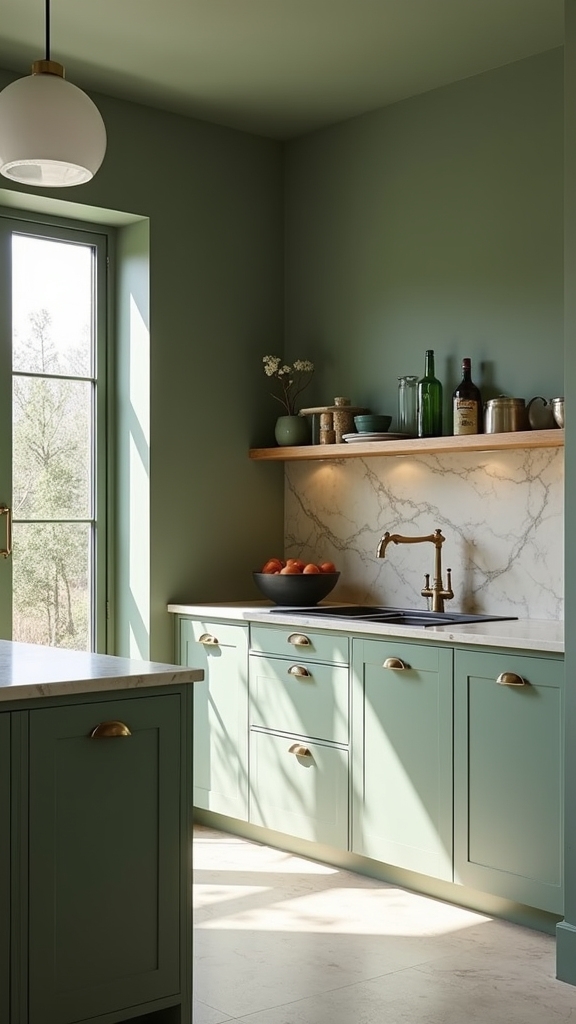 sage walls enhance kitchen serenity